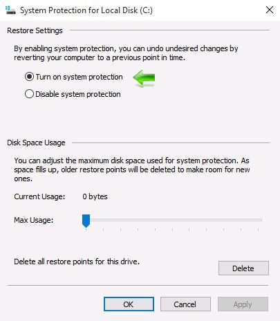 Windows 10 System Restore - System protection for local disk